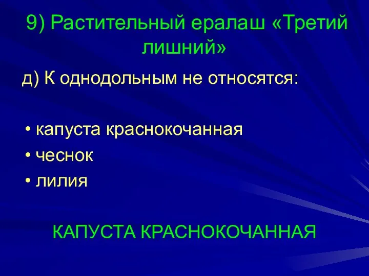 9) Растительный ералаш «Третий лишний» д) К однодольным не относятся: капуста краснокочанная чеснок лилия КАПУСТА КРАСНОКОЧАННАЯ