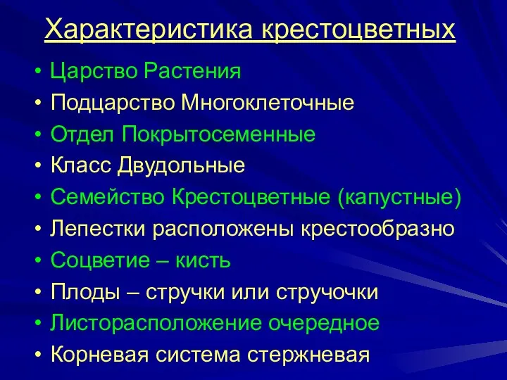 Царство Растения Подцарство Многоклеточные Отдел Покрытосеменные Класс Двудольные Семейство Крестоцветные