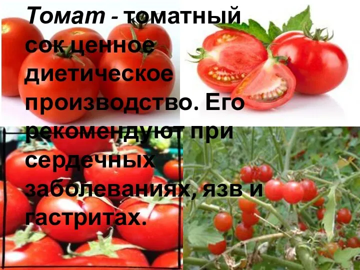 Томат - томатный сок ценное диетическое производство. Его рекомендуют при сердечных заболеваниях, язв и гастритах.