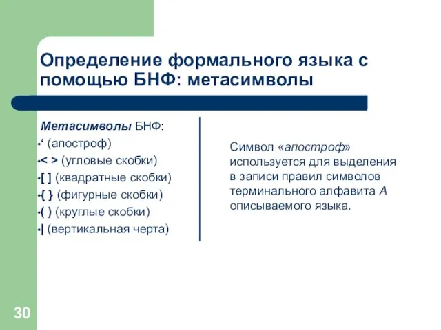 Определение формального языка с помощью БНФ: метасимволы Метасимволы БНФ: ‘