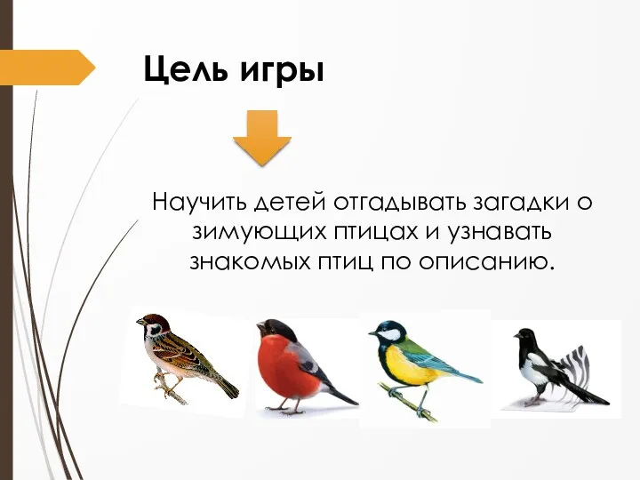 Цель игры Научить детей отгадывать загадки о зимующих птицах и узнавать знакомых птиц по описанию.