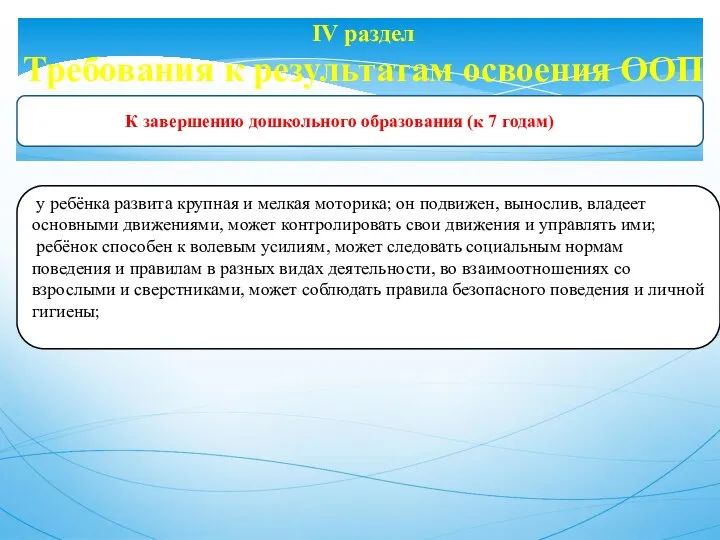 IV раздел Требования к результатам освоения ООП у ребёнка развита