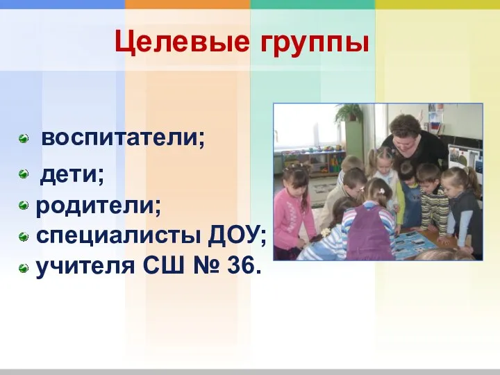 Целевые группы воспитатели; дети; родители; специалисты ДОУ; учителя СШ № 36.