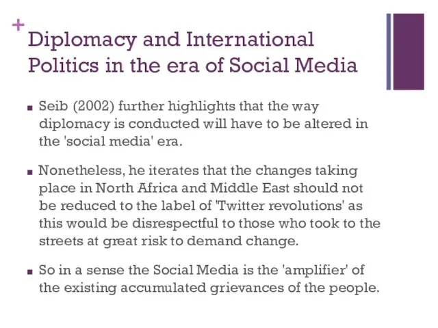 Diplomacy and International Politics in the era of Social Media Seib (2002) further