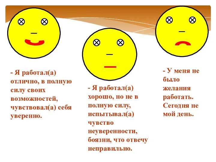 - Я работал(а) отлично, в полную силу своих возможностей, чувствовал(а) себя уверенно. -