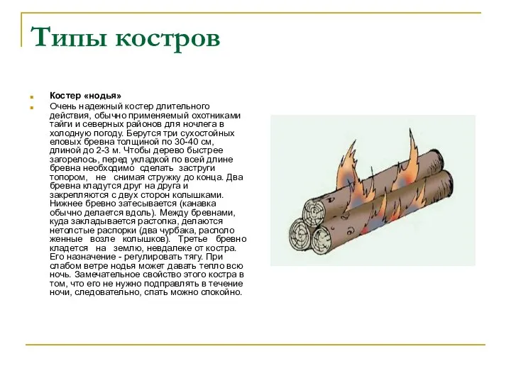 Типы костров Костер «нодья» Очень надежный костер длительного действия, обычно применяемый охотниками тайги