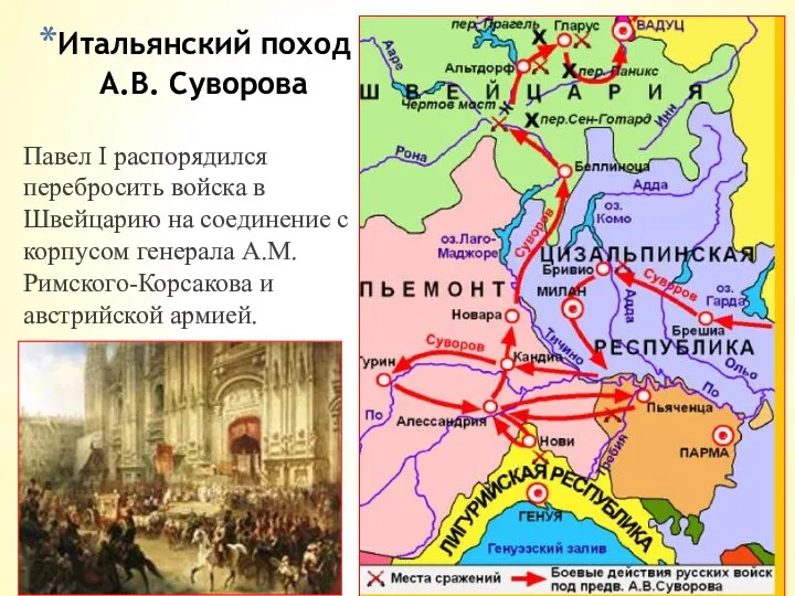 Итальянский поход А.В. Суворова Павел I распорядился перебросить войска в Швейцарию на соединение