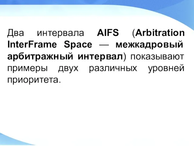 Два интервала AIFS (Arbitration InterFrame Space — межкадровый арбитражный интервал) показывают примеры двух различных уровней приоритета.