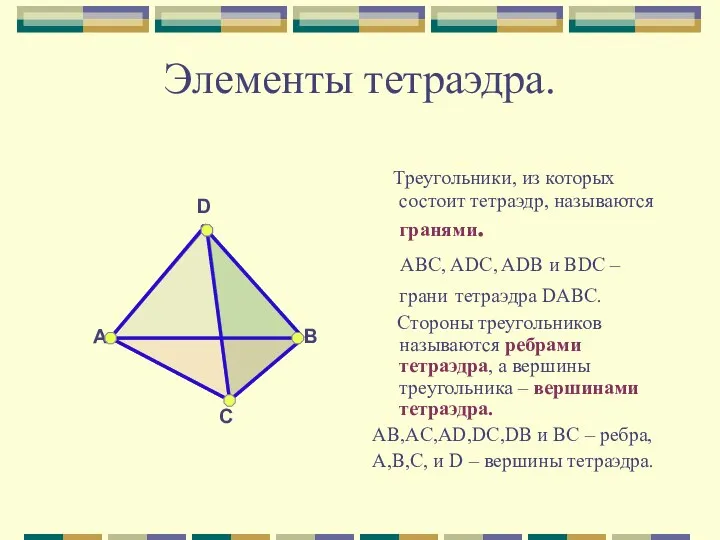 Элементы тетраэдра. Треугольники, из которых состоит тетраэдр, называются гранями. ABC,