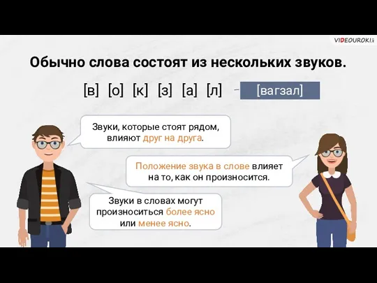 Обычно слова состоят из нескольких звуков. [в] [о] [к] [з]