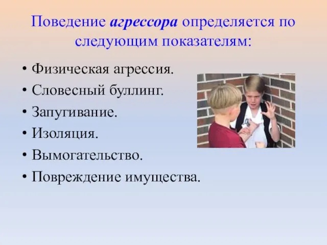 Поведение агрессора определяется по следующим показателям: Физическая агрессия. Словесный буллинг. Запугивание. Изоляция. Вымогательство. Повреждение имущества.