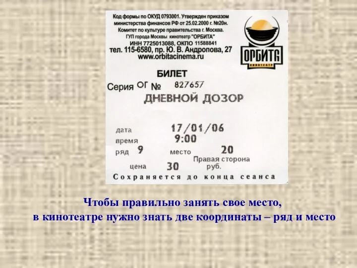 Чтобы правильно занять свое место, в кинотеатре нужно знать две координаты – ряд и место