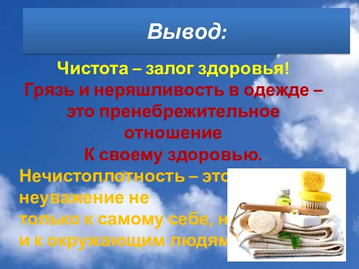 Вывод: Чистота – залог здоровья! Грязь и неряшливость в одежде