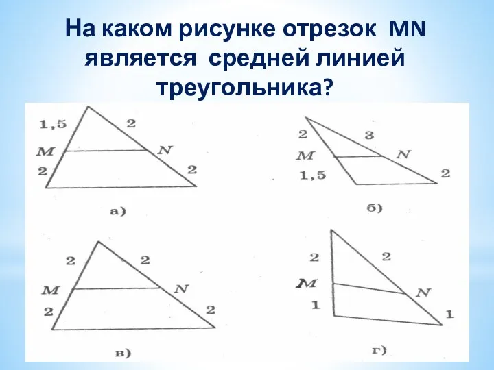 На каком рисунке отрезок MN является средней линией треугольника?
