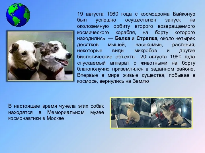 19 августа 1960 года с космодрома Байконур был успешно осуществлен