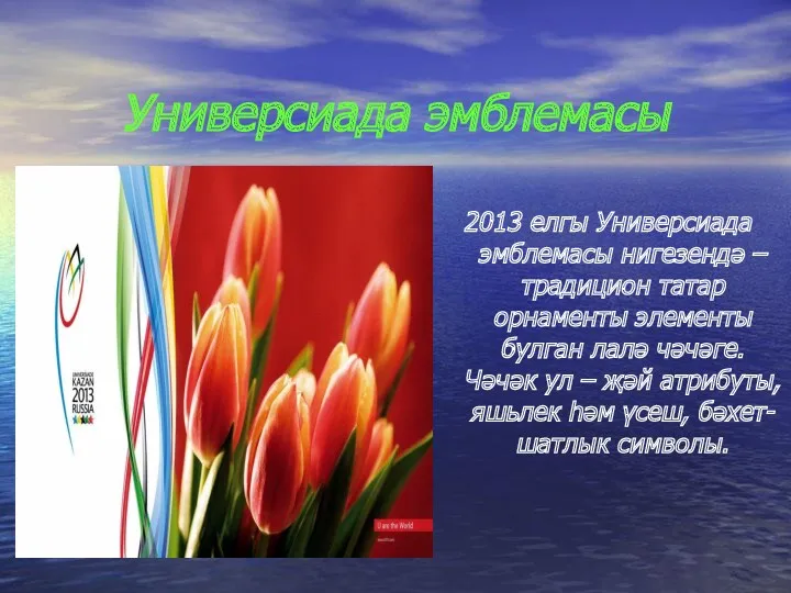 Универсиада эмблемасы 2013 елгы Универсиада эмблемасы нигезендә – традицион татар