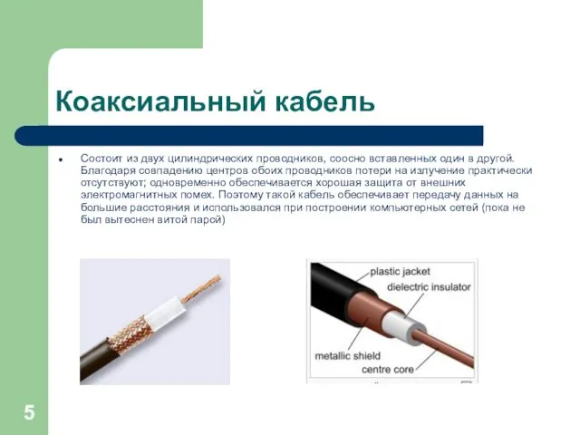 Коаксиальный кабель Состоит из двух цилиндрических проводников, соосно вставленных один