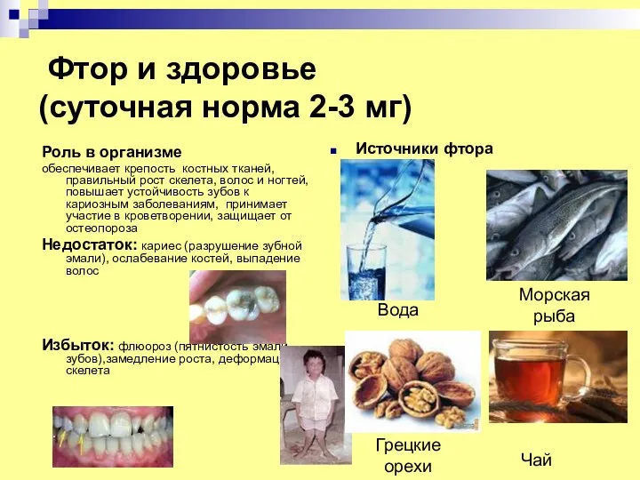 Фтор и здоровье (суточная норма 2-3 мг) Роль в организме