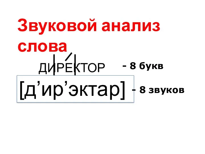 Звуковой анализ слова ДИРЕКТОР [д’ир’эктар] - 8 букв - 8 звуков