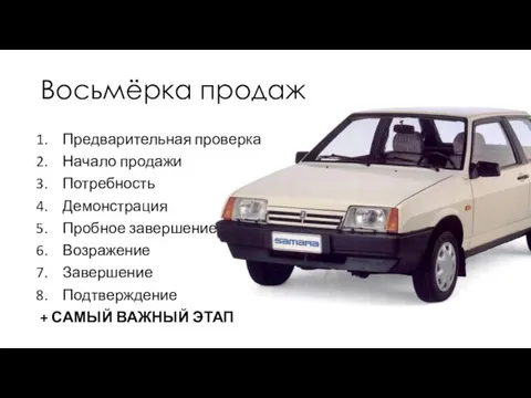 Восьмёрка продаж Предварительная проверка Начало продажи Потребность Демонстрация Пробное завершение