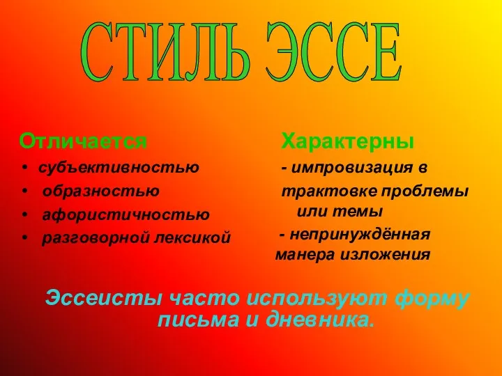 Отличается субъективностью образностью афористичностью разговорной лексикой Характерны - импровизация в