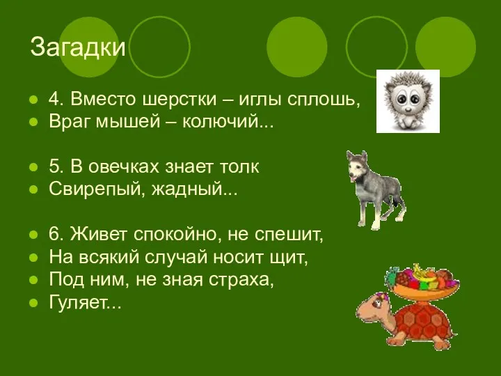 Загадки 4. Вместо шерстки – иглы сплошь, Враг мышей –