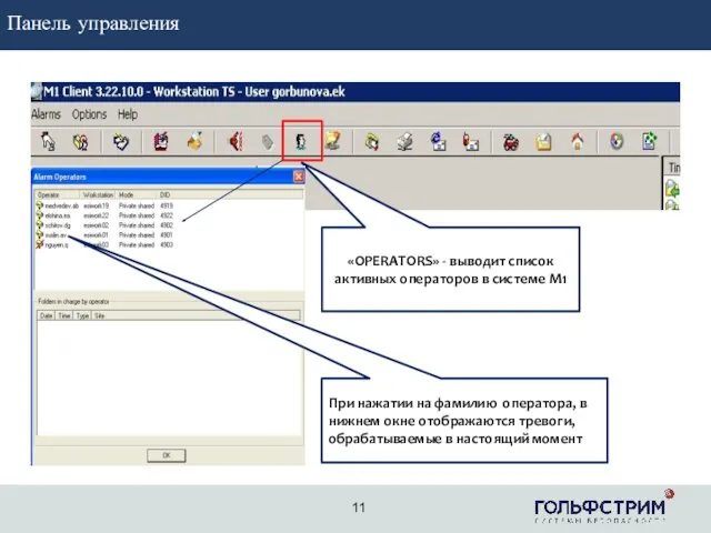 Панель управления 2 «OPERATORS» - выводит список активных операторов в