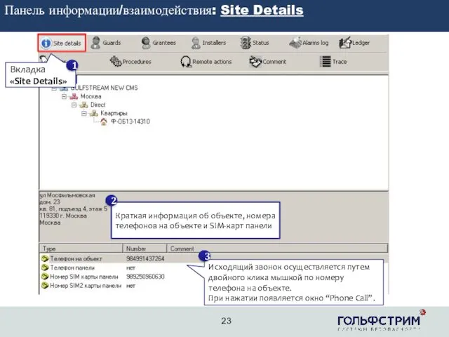 2 Панель информации/взаимодействия: Site Details Вкладка «Site Details» 1 Исходящий