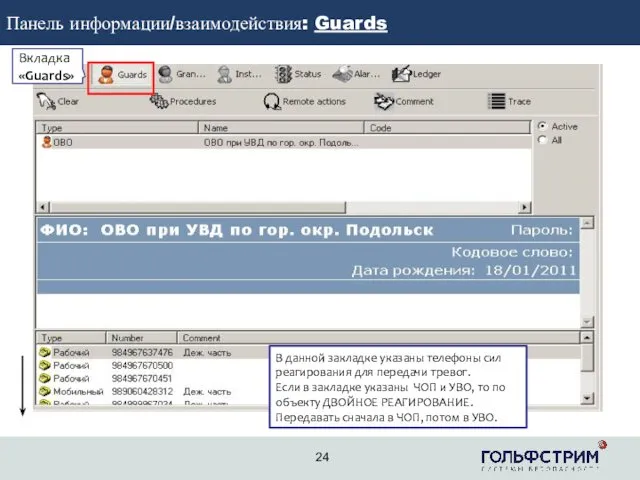 2 Панель информации/взаимодействия: Guards Вкладка «Guards» В данной закладке указаны