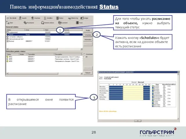 2 Панель информации/взаимодействия: Status Для того чтобы узнать расписание на