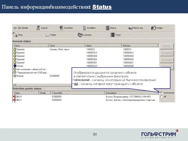 2 Панель информации/взаимодействия: Status Отображаются данные по сигналам с объекта