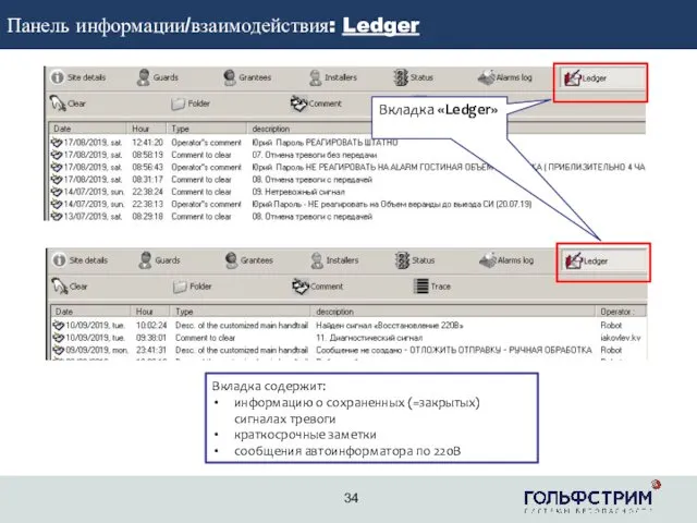 2 Панель информации/взаимодействия: Ledger Вкладка «Ledger» Вкладка содержит: информацию о