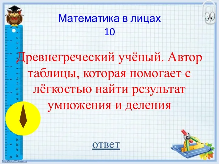 Математика в лицах 10 Древнегреческий учёный. Автор таблицы, которая помогает