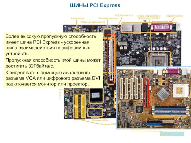 ШИНЫ PCI Express Более высокую пропускную способность имеет шина PCI Express - ускоренная
