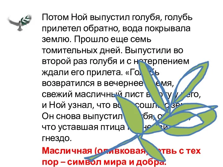 Потом Ной выпустил голубя, голубь прилетел обратно, вода покрывала землю.