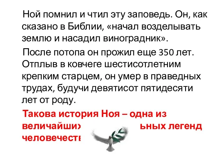 Ной помнил и чтил эту заповедь. Он, как сказано в