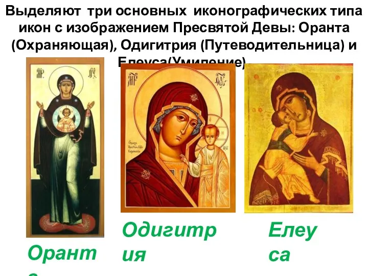Выделяют три основных иконографических типа икон с изображением Пресвятой Девы: