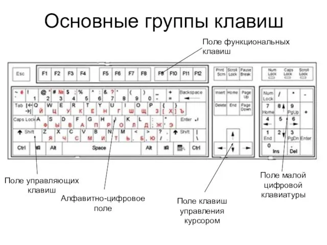 Основные группы клавиш Алфавитно-цифровое поле Поле управляющих клавиш Поле клавиш