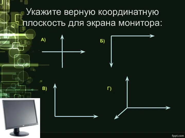 Укажите верную координатную плоскость для экрана монитора: А) Б) В) Г)