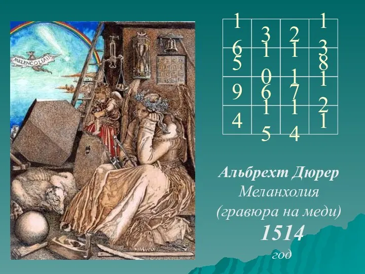 Альбрехт Дюрер Меланхолия (гравюра на меди) 1514 год 16 3 2 13 5