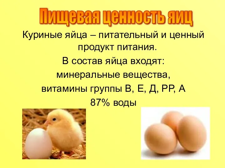 Куриные яйца – питательный и ценный продукт питания. В состав