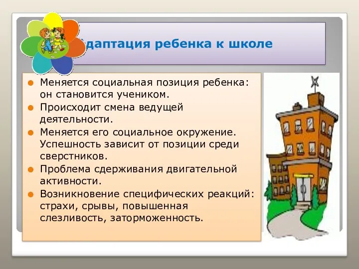 Адаптация ребенка к школе Меняется социальная позиция ребенка: он становится учеником. Происходит смена