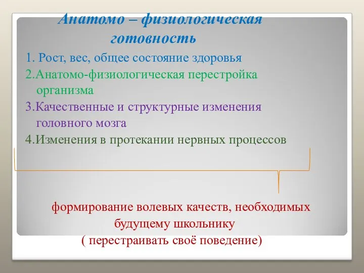 Анатомо – физиологическая готовность 1. Рост, вес, общее состояние здоровья 2.Анатомо-физиологическая перестройка организма