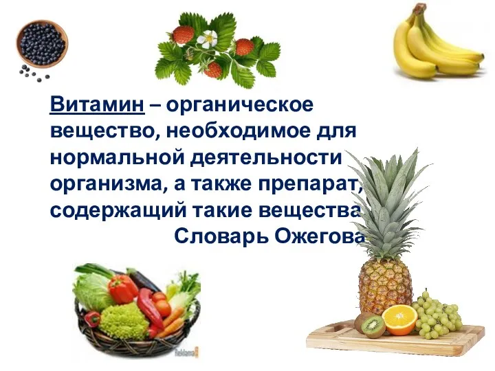 Витамин – органическое вещество, необходимое для нормальной деятельности организма, а