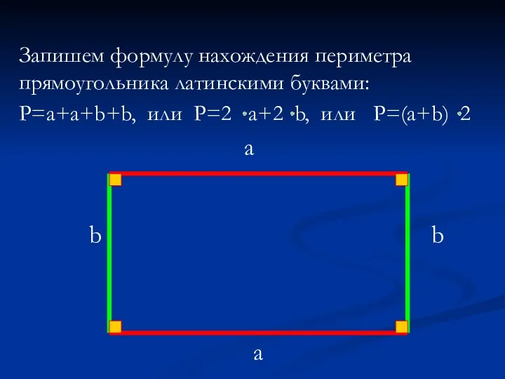 Запишем формулу нахождения периметра прямоугольника латинскими буквами: P=a+a+b+b, или P=2