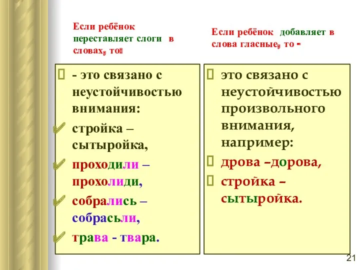 Если ребёнок переставляет слоги в словах, то: - это связано