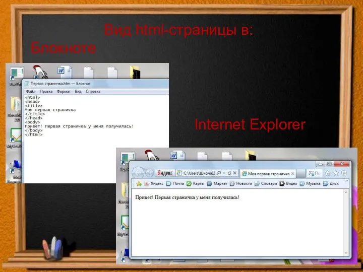 Вид html-страницы в: Блокноте Internet Explorer