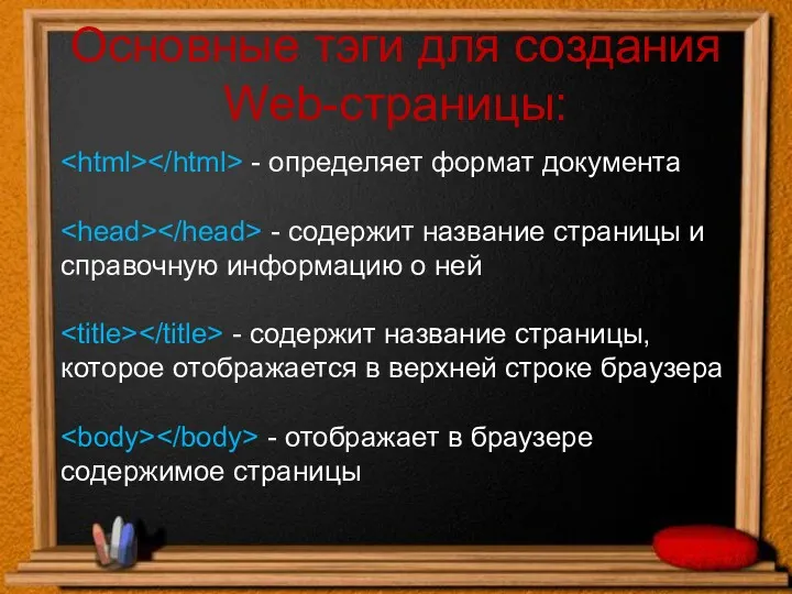 Основные тэги для создания Web-страницы: - определяет формат документа -