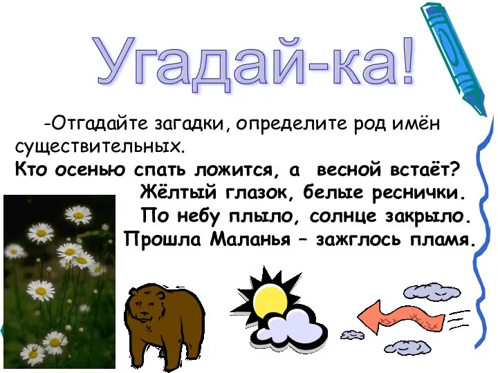 -Отгадайте загадки, определите род имён существительных. Кто осенью спать ложится,