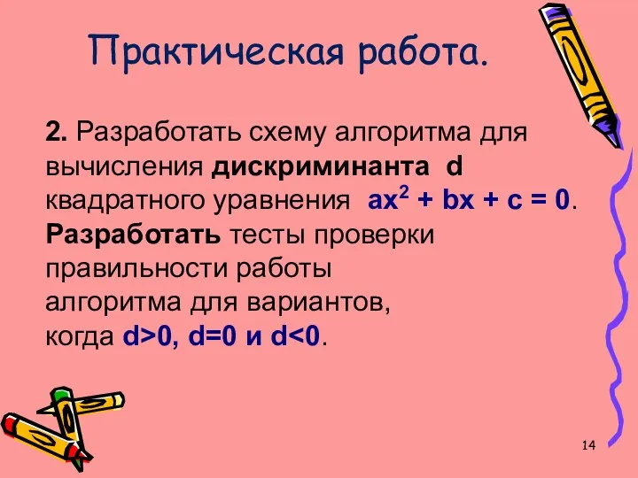 2. Разработать схему алгоритма для вычисления дискриминанта d квадратного уравнения